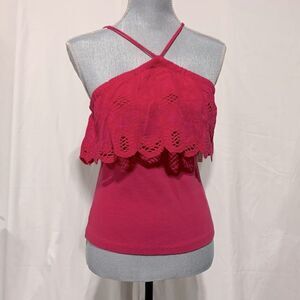ANTHROPOLOGIE Ruffled Halter Tank Blouse Top Crochet Pink  NWT size Medium